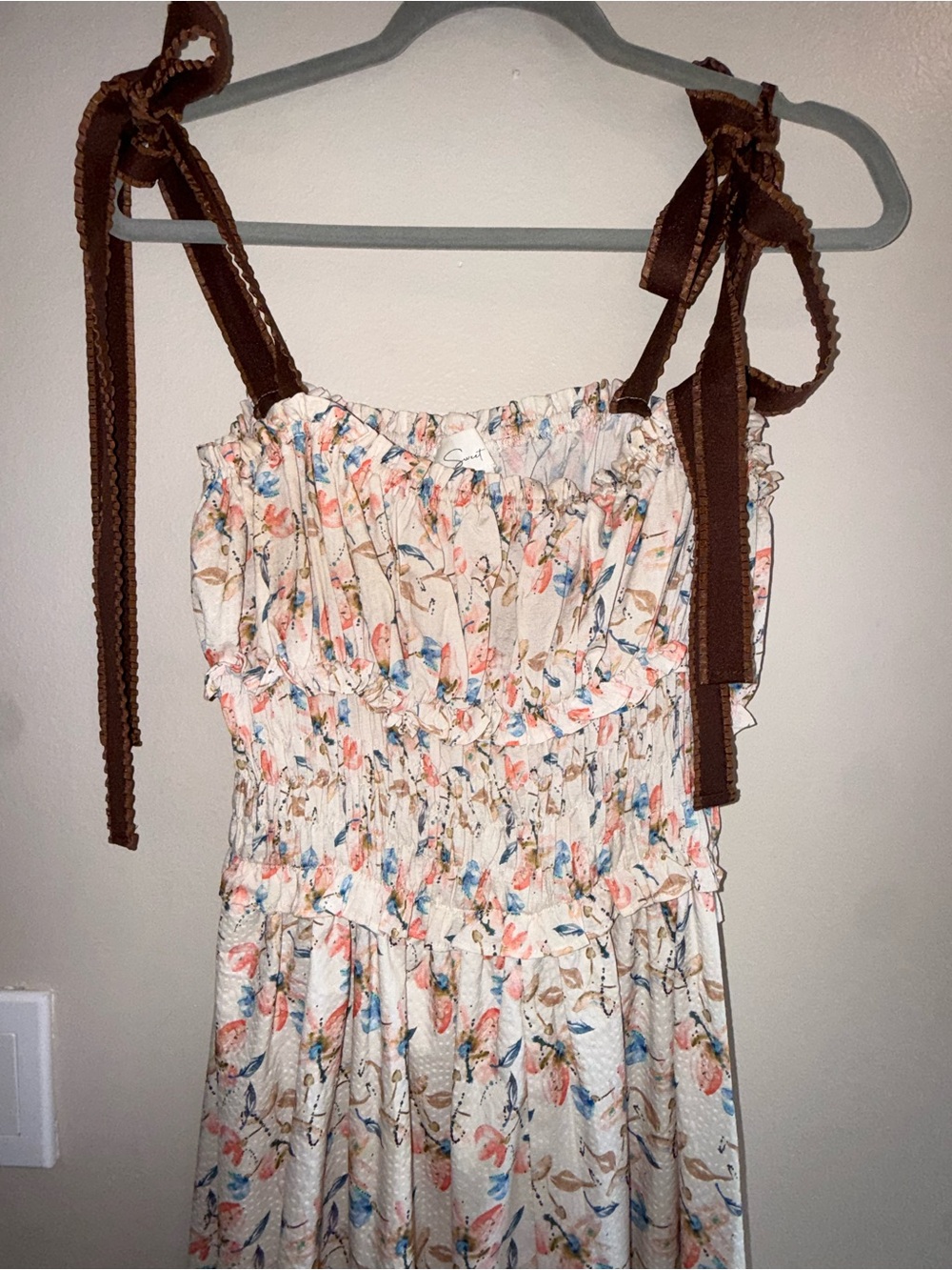 Floral Smocked Sundress with Brown RibbonTie Straps Comfy and roomy
